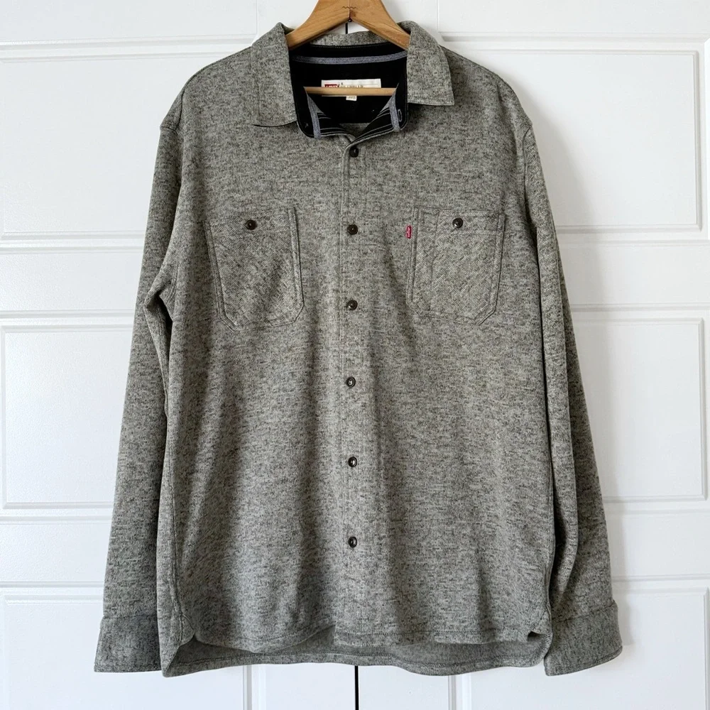 Levis Fleece Lined Button Up Shirt Mens XL Gray Black Shacket Workwear Western